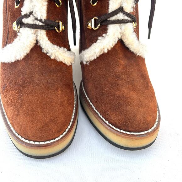 Napoleoni Perisa Suede Wedge Heeled Boots Shearling Camel 37 Lace Up Tan 7 - Picture 6 of 9